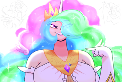 Size: 9000x6075 | Tagged: safe, artist:iceflower99, princess celestia, human, chuckle, cutie mark, horn, horned humanization, humanized, text, video at source, video in description