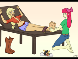 Size: 1600x1200 | Tagged: safe, artist:seltiox, apple bloom, applejack, equestria girls, g4, adult, apple family member, applecest, barefoot, belly button, blonde hair, bondage, bondage furniture, clothes, converse, duo, duo female, feet, female, fetish, foot fetish, gradient background, incest, laughing, midriff, red hair, shoes, siblings, sisters, tickle fetish, tickle torture, tickling