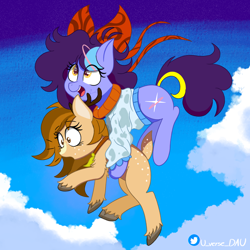 Size: 3070x3070 | Tagged: safe, artist:juniverse, oc, oc:juniverse, deer, deer pony, hybrid, original species, blue sky, cloud, colored, commission, deer oc, happy, holding up, jump at the sky, jumping, near from space, non-pony oc, scared, sky, spacepony