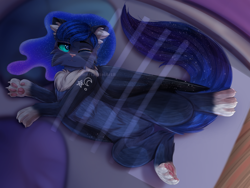 Size: 3000x2250 | Tagged: safe, artist:taiweiart, princess luna, alicorn, cat, g4, bed, blue eyes, blue mane, blue tail, catified, chest fluff, colored ear fluff, crepuscular rays, cushion, cute, digital art, ear fluff, ethereal mane, ethereal tail, female, flowing mane, flowing tail, folded wings, high res, lying down, mare, moonlight, one eye closed, paws, sleeping, smiling, solo, sparkles, species swap, stars, tail, wings