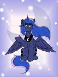Size: 990x1320 | Tagged: safe, artist:門久, princess luna, alicorn, pony, g4, abstract background, looking at you, open mouth, open smile, sitting, smiling, solo, spread wings, wings