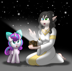 Size: 1920x1882 | Tagged: safe, artist:aleximusprime, princess flurry heart, oc, alicorn, elf, human, pony, g4, bow, commission, duo, duo female, female, filly, filly flurry heart, foal, hair bow, heterochromia, kneeling, looking up, non-mlp oc, older, older flurry heart, stars