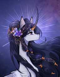 Size: 1687x2184 | Tagged: safe, artist:alinquilz, oc, oc only, alicorn, pony, g4, beautiful, cloud, curved horn, cute, digital art, ethereal mane, eyeshadow, feather, female, flower, flower in hair, flowing mane, folded wings, high res, horn, jewelry, lidded eyes, long hair, makeup, mare, moon, moonlight, purple eyes, purple mane, regalia, signature, sky, smiling, solo, starry mane, stars, windswept mane, wings