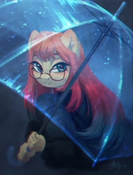 Size: 1650x2160 | Tagged: safe, artist:amishy, oc, oc only, oc:sheron, unicorn, anthro, clothes, female, freckles, glasses, gradient mane, horn, looking at you, round glasses, see-through, solo, squatting, umbrella