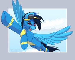 Size: 2500x2000 | Tagged: safe, artist:skyboundsiren, oc, oc only, oc:cobalt chaser, pegasus, pony, clothes, cloud, eye clipping through hair, eyebrows, eyebrows visible through hair, flying, goggles, high res, looking at you, male, open mouth, open smile, pegasus oc, signature, sky, smiling, smiling at you, solo, spread wings, stallion, uniform, wings, wonderbolts uniform