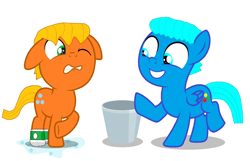 Size: 3336x2144 | Tagged: safe, artist:memeartboi, earth pony, pegasus, pony, best bros, best friends, best friends forever, bff, brothers, bucket, cold, colt, cute, darwin watterson, duo, duo male, foal, freezing, gumball watterson, happy, ice bucket challenge, male, ponified, prank, sibling, sibling bonding, sibling love, siblings, simple background, smiling, the amazing world of gumball, troll, wet, wet mane, white background