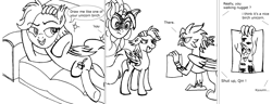 Size: 3506x1341 | Tagged: safe, artist:fleximusprime, oc, oc only, unnamed oc, bat pony, griffon, kirin, pony, bat pony oc, eyebrows, eyebrows visible through hair, fangs, folded wings, frown, griffon oc, high res, kirin oc, monochrome, open mouth, open smile, simple background, smiling, trio, white background, wings
