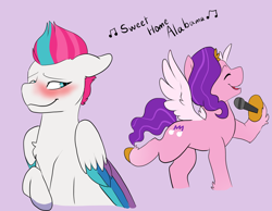 Size: 1696x1314 | Tagged: artist needed, safe, pipp petals, zipp storm, pegasus, pony, g5, blushing, chest fluff, duo, duo female, eyes closed, female, incest, lesbian, lynyrd skynyrd, mare, microphone, purple background, royal sisters (g5), ship:petalstorm, shipping, siblings, simple background, sisters, song reference, sweet home alabama