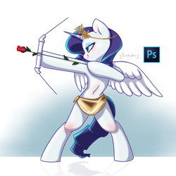 Size: 3003x3000 | Tagged: safe, artist:persikulka, rarity, pony, unicorn, semi-anthro, g4, armpits, arrow, belly, belly button, bipedal, bow (weapon), bow and arrow, cupid, dexterous hooves, fake wings, female, flower, gradient background, high res, hoof hold, horn, knee blush, laurel wreath, lidded eyes, mare, photoshop, rose, smiling, solo, weapon, white background