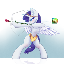 Size: 3000x3000 | Tagged: safe, alternate version, artist:persikulka, rarity, pony, unicorn, arrow, belly, bipedal, bow (weapon), bow and arrow, cupid, dexterous hooves, fake wings, female, flower, high res, hoof hold, horn, knee blush, laurel wreath, lidded eyes, mare, paint tool sai, ribcage, rose, simple background, smiling, solo, weapon, white background