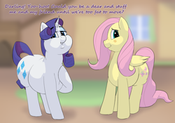Size: 3261x2285 | Tagged: safe, artist:lupin quill, fluttershy, rarity, pegasus, pony, unicorn, bedroom eyes, belly, big belly, blushing, chubby, chubby cheeks, dialogue, double chin, fat, fat fetish, fattershy, feedee, fetish, hoof on chest, horn, looking at you, raritubby, talking to viewer, this will end in weight gain, weight gain sequence