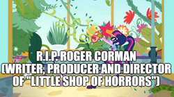 Size: 888x499 | Tagged: safe, edit, edited screencap, screencap, sci-twi, twilight sparkle, equestria girls, g4, my little pony equestria girls: better together, my little shop of horrors, audrey 2, in memoriam, little shop of horrors, rest in peace, roger corman