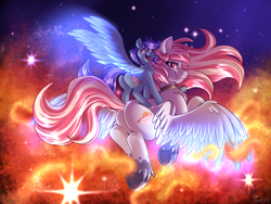 Size: 1600x1200 | Tagged: safe, artist:emithegoat, oc, oc:evening skies, oc:sierra nightingale, pegasus, pony, artificial wings, augmented, butt, chest fluff, collar, colt, duo, female, foal, giga, macro, magic, magic wings, male, mare, mega, open mouth, plot, pony bigger than a galaxy, pony bigger than a solar system, underhoof, unshorn fetlocks, wing magic, wings