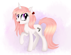 Size: 1294x1003 | Tagged: safe, artist:queenofsilvers, oc, oc only, oc:candy sweet, pony, unicorn, chest fluff, ear fluff, fangs, female, horn, looking at you, mare, open mouth, open smile, raised hoof, signature, smiling, smiling at you, solo, tail, unicorn oc