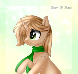 Size: 2173x2077 | Tagged: safe, artist:queenofsilvers, oc, oc only, pony, unicorn, art trade, clothes, eyebrows, high res, horn, profile, scarf, side view, smiling, solo, unicorn oc