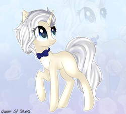 Size: 2173x1968 | Tagged: safe, artist:queenofsilvers, oc, oc only, pony, unicorn, art trade, bowtie, eye clipping through hair, female, horn, looking sideways, mare, raised hoof, smiling, solo, tail, unicorn oc, zoom layer