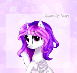 Size: 2173x2077 | Tagged: safe, artist:queenofsilvers, oc, oc only, alicorn, pony, alicorn oc, art trade, ear fluff, eye clipping through hair, eyebrows, eyebrows visible through hair, female, folded wings, horn, looking at you, mare, smiling, smiling at you, solo, wings