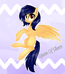 Size: 1593x1821 | Tagged: safe, artist:queenofsilvers, oc, oc only, oc:vega light, pegasus, pony, female, flying, looking at you, mare, pegasus oc, signature, smiling, smiling at you, solo, spread wings, tail, wings
