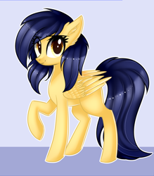 Size: 1090x1244 | Tagged: safe, artist:queenofsilvers, oc, oc only, oc:vega light, pegasus, pony, ear fluff, eye clipping through hair, eyebrows, eyebrows visible through hair, female, folded wings, looking at you, mare, pegasus oc, raised hoof, smiling, smiling at you, solo, tail, wings