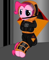 Size: 2000x2448 | Tagged: safe, artist:cardshark777, pinkie pie, earth pony, pony, g4, ballgag, bondage, bound and gagged, clothes, female, gag, helpless, hood, keyhole, latex, latex suit, lock, looking at you, mare, prisoner, sitting, solo, straitjacket, straps, suit, symbol