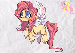 Size: 1725x1205 | Tagged: safe, artist:lavendertowne, fluttershy, pegasus, pony, g4, beanbrows, colored hooves, colored wings, eyebrows, female, floppy ears, mare, paper background, solo, spread wings, three quarter view, unshorn fetlocks, wings