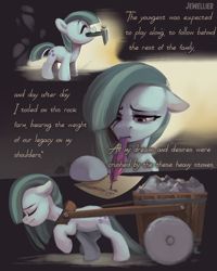 Size: 1730x2160 | Tagged: safe, artist:jewellier, part of a set, marble pie, earth pony, pony, series:ask the pie sisters, g4, ask, cart, comic, english, female, filly marble pie, hammer, mare, mlp art ask (ru), quill, rock farm, solo, text, translation, wagon