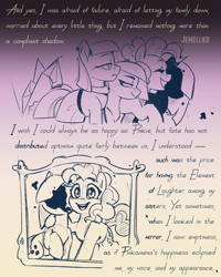 Size: 1730x2160 | Tagged: safe, artist:jewellier, part of a set, limestone pie, marble pie, maud pie, pinkie pie, earth pony, pony, series:ask the pie sisters, g4, ask, comic, english, female, ink, mare, mlp art ask (ru), pie sisters, siblings, sisters, sketch, stain, text, translation