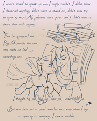 Size: 1730x2160 | Tagged: safe, artist:jewellier, part of a set, big macintosh, marble pie, earth pony, pony, series:ask the pie sisters, g4, ask, book, comic, duo, english, female, implied marblemac, implied shipping, implied straight, ink, male, mare, sketch, stain, stallion, text, translation