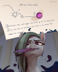 Size: 1730x2160 | Tagged: safe, artist:jewellier, part of a set, marble pie, earth pony, pony, series:ask the pie sisters, g4, ask, comic, english, female, ink, inky pie, marble, mare, mlp art ask (ru), quill, solo, stain, text, translation