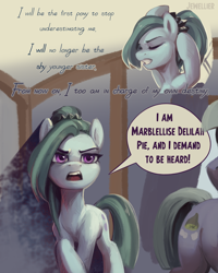 Size: 1730x2160 | Tagged: safe, artist:jewellier, part of a set, limestone pie, marble pie, earth pony, pony, series:ask the pie sisters, g4, alternate hairstyle, ask, comic, english, female, ink, inky pie, marbellise delilah pie, marble, mare, mlp art ask (ru), ponytail, quill, speech bubble, stain, text, translation