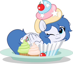 Size: 5671x5000 | Tagged: safe, artist:jhayarr23, oc, oc:graceful motion, pegasus, pony, :3, cherry, cupcake, cute, female, folded wings, food, frosting, looking at you, lying down, mare, one eye closed, prone, simple background, solo, sprinkles, wings, wink, winking at you