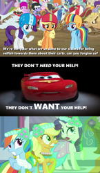 Size: 1000x1720 | Tagged: safe, edit, edited screencap, editor:incredibubbleirishguy, screencap, applejack, rainbow dash, rarity, a canterlot wedding, g4, the cart before the ponies, alternate hairstyle, angry, apology, bridesmaid, bridesmaid applejack, bridesmaid dash, bridesmaid dress, bridesmaid rarity, car, cars (pixar), clothes, denied, dress, floral head wreath, flower, flower in hair, formal wear, furious, gown, guilty, horrified, implied apple bloom, implied cutie mark crusaders, implied scootaloo, implied sweetie belle, lightning mcqueen, racecar, sad