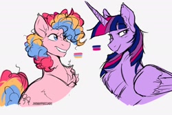 Size: 2048x1365 | Tagged: safe, artist:jhonnysheep, pinkie pie, twilight sparkle, earth pony, pony, unicorn, 2023, bisexual pride flag, duo, horn, pansexual pride flag, pride, pride flag, simple background, smiling