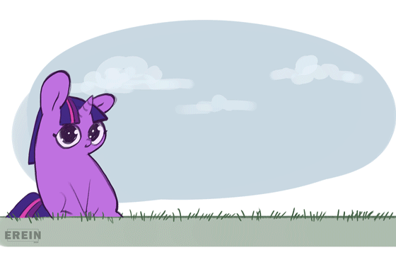 Size: 560x367 | Tagged: safe, artist:erein, twilight sparkle, pony, unicorn, g4, animated, big ears, big eyes, chibi, chubbie, cloud, colored, cute, daaaaaaaaaaaw, ears up, featured image, female, flat colors, frame by frame, gif, grass, hnnng, horn, looking at you, multicolored hair, multicolored tail, sketch, sky, smiling, smiling at you, solo, squigglevision, tail, twiabetes