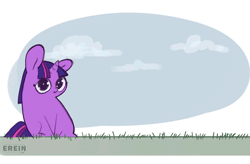 Size: 560x367 | Tagged: safe, artist:erein, twilight sparkle, pony, unicorn, g4, animated, big ears, big eyes, chibi, cloud, colored, cute, ears up, female, flat colors, gif, grass, horn, looking at you, multicolored hair, multicolored tail, simple background, sketch, sky, smiling, smiling at you, solo, tail