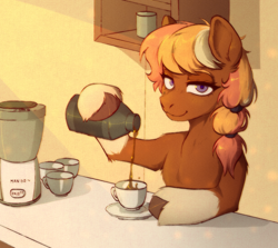 Size: 1562x1391 | Tagged: safe, artist:chevapchichi_, oc, oc only, earth pony, pony, coffee, coffee cup, coffee machine, coffee mug, cup, dark skin, earth pony oc, liquid, mug, pigtails, shelf, shelves, solo, table