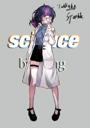 Size: 1341x1911 | Tagged: safe, artist:球球泥棍, sci-twi, twilight sparkle, human, belt, clothes, glasses, gray background, scientist, shirt, shoes, simple background, skirt, text