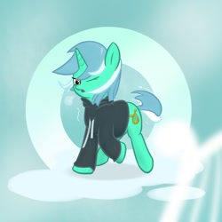 Size: 1024x1024 | Tagged: safe, artist:xinjinjumin2753560, lyra heartstrings, pony, unicorn, fanfic:background pony, g4, abstract background, clothes, female, hoodie, horn, mare, one eye closed, solo