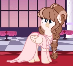Size: 1361x1220 | Tagged: safe, artist:cstrawberrymilk, oc, oc only, oc:strawberry milk, pegasus, pony, g4, braid, clothes, dress, female, folded wings, frown, gala, indoors, mare, solo, table, window, wings