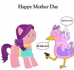 Size: 4368x4104 | Tagged: safe, artist:pokeneo1234, diamond tiara, spoiled rich, g4, crossover, female, garten of banban, gun, mother and child, mother and daughter, mother's day, opila bird, simple background, weapon, white background