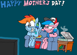 Size: 3018x2162 | Tagged: safe, artist:dragonboi471, artist:rainbowdashsmailbag, firefly, rainbow dash, pony, g1, g4, chips, couch, doritos, duo, duo female, female, firefly as rainbow dash's mom, food, mother and child, mother and daughter, mother's day, pizza, soda, television