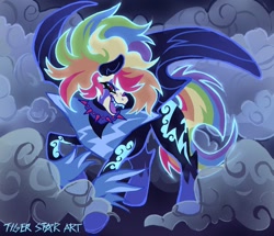 Size: 1028x883 | Tagged: safe, artist:tigerstar_art, rainbow dash, pegasus, pony, eternal night au (janegumball), g4, abstract background, alternate design, black coat, blue sclera, bracer, cloud, coat markings, collar, colored sclera, colored teeth, ethereal mane, ethereal tail, female, glowing, glowing coat markings, glowing eyes, glowing mane, glowing tail, looking at you, mare, mist, multicolored hair, multicolored mane, multicolored tail, narrowed eyes, nightmare rainbow dash, nightmare takeover timeline, nightmarified, no catchlights, partially open wings, pink eyes, purple tongue, rainbow hair, rainbow tail, raised hoof, signature, slit pupils, smiling, smiling at you, solo, spiked collar, spiky mane, spiky tail, standing, tail, teeth, thick eyelashes, tongue out, wings