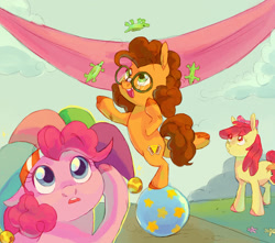 Size: 1700x1500 | Tagged: safe, artist:abbytabbys, apple bloom, cheese sandwich, pinkie pie, earth pony, pony, g4, alternate universe, apple bloom's bow, ball, banner, blue eyes, bow, brown mane, brown tail, cloud, colored hooves, colt, colt cheese sandwich, curly mane, curly tail, cute, day, detailed background, diacheeses, diapinkes, duo focus, eye clipping through hair, eyebrows, eyebrows visible through hair, eyelashes, female, filly, filly pinkie pie, foal, glasses, grass, green eyes, hair bow, hat, hoof hold, in awe, jester hat, juggling, looking at someone, male, open mouth, orange coat, orange eyes, outdoors, pink bow, pink coat, pink mane, raised hoof, raised hooves, red mane, red tail, role reversal, round glasses, standing, standing on one leg, tail, tooth gap, trio, underhoof, unshorn fetlocks, wingding eyes, yellow coat, younger