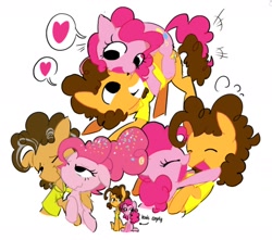 Size: 1430x1265 | Tagged: safe, artist:appledash3r_, cheese sandwich, pinkie pie, earth pony, pony, g4, brown mane, brown tail, clothes, curly mane, curly tail, cute, diacheeses, diapinkes, duo, duo male and female, emanata, eye clipping through hair, eyelashes, eyes closed, female, glomp, hair bun, height difference, hug, looking at each other, looking at someone, male, mare, no catchlights, older, older cheese sandwich, older pinkie pie, one eye closed, open mouth, open smile, orange coat, pink coat, pink mane, pink tail, plewds, ship:cheesepie, shipping, shirt, simple background, smiling, speech bubble, spoken heart, stallion, straight, t-shirt, tail, text, tied mane, wavy mouth, white background