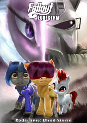 Size: 2700x3818 | Tagged: safe, artist:skribbler84, oc, oc:blind storm, oc:gray river, oc:tough patch, alicorn, pegasus, pony, unicorn, fallout equestria, blindfold, cover art, fallout equestria: codename blind storm, fanfic art, horn, looking, offscreen character