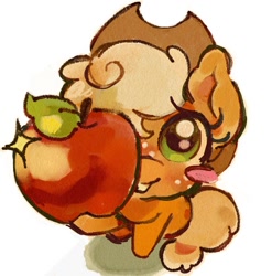 Size: 1186x1200 | Tagged: safe, artist:applepums, applejack, earth pony, pony, g4, apple, applejack's hat, blonde mane, blonde tail, blush sticker, blushing, colored, cowboy hat, cute, drawing challenge, eye clipping through hair, eyelashes, female, food, foreshortening, freckles, green eyes, hat, hoof hold, jackabetes, looking at you, mare, open mouth, open smile, orange coat, shiny eyes, simple background, sitting, smiling, solo, tail, tied tail, white background, wingding eyes