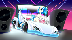 Size: 7680x4320 | Tagged: safe, artist:bumskuchen, dj pon-3, vinyl scratch, pony, unicorn, g4, bassmobile, car, chest fluff, fog, horn, laser, looking at you, red eyes, simple background, solo, speaker, sports car, vehicle