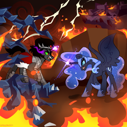 Size: 3000x3000 | Tagged: safe, artist:batavern, king sombra, nightmare moon, g4, canterlot, concave belly, crystal, dark magic, duo, duo male and female, female, fire, lightning, magic, male, slender, thin