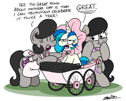 Size: 1872x1514 | Tagged: safe, artist:bobthedalek, dj pon-3, octavia melody, vinyl scratch, oc, oc:mixed melody, oc:octavia's mother, earth pony, pony, unicorn, g4, apron, baby carriage, bonnet, clothes, dialogue, female, happy, horn, mare, mother and child, mother and daughter, mother's day, scrunchy face, stifling laughter, stroller, this will end in intensive mothering, unamused, vinyl scratch is not amused