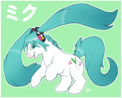 Size: 800x642 | Tagged: safe, artist:nyaasu, earth pony, pony, g1, hatsune miku, headphones, ponified, simple background, solo, vocaloid